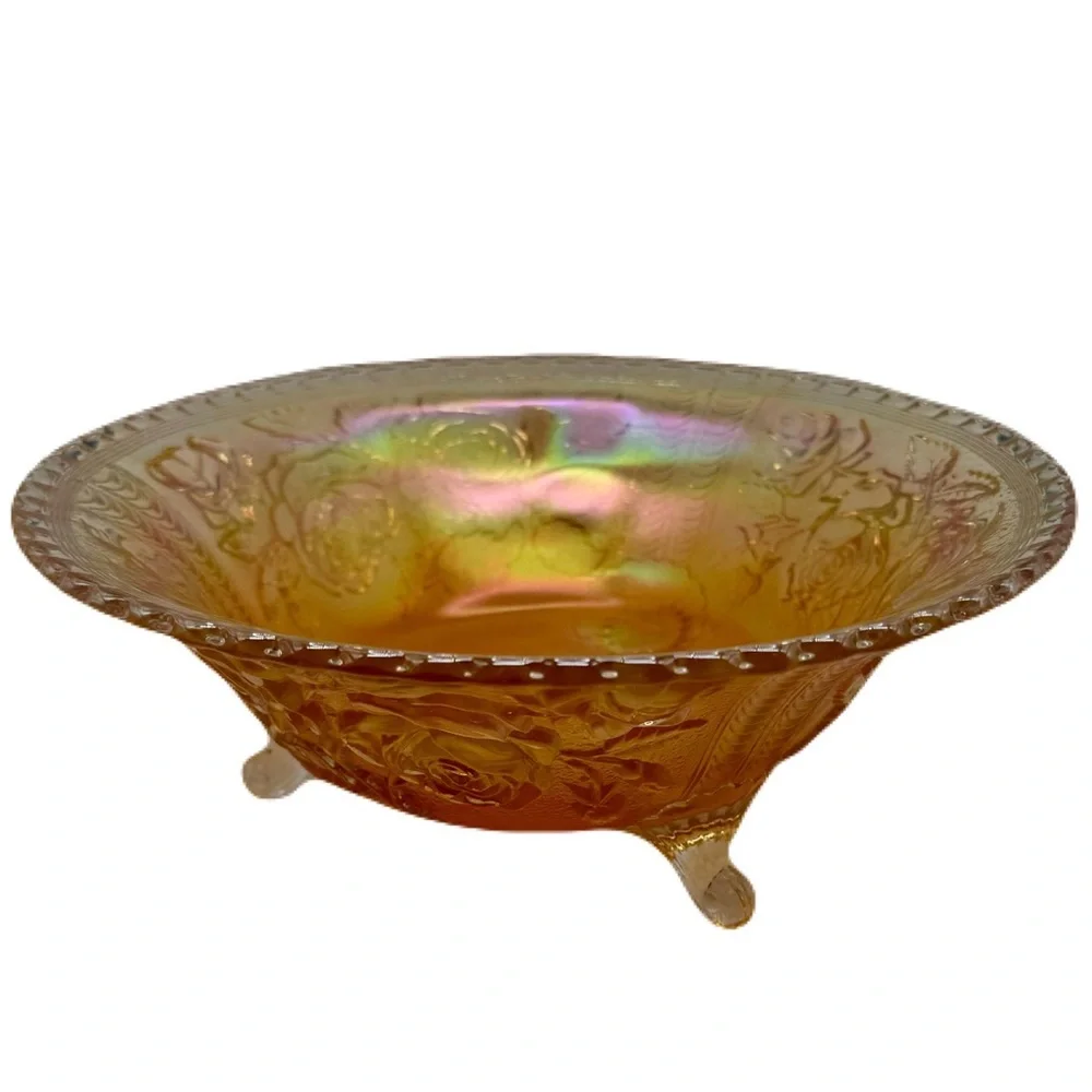Vintage 11” Imperial Glass Open Lustre Rose Marigold Glass Large Footed Bowl